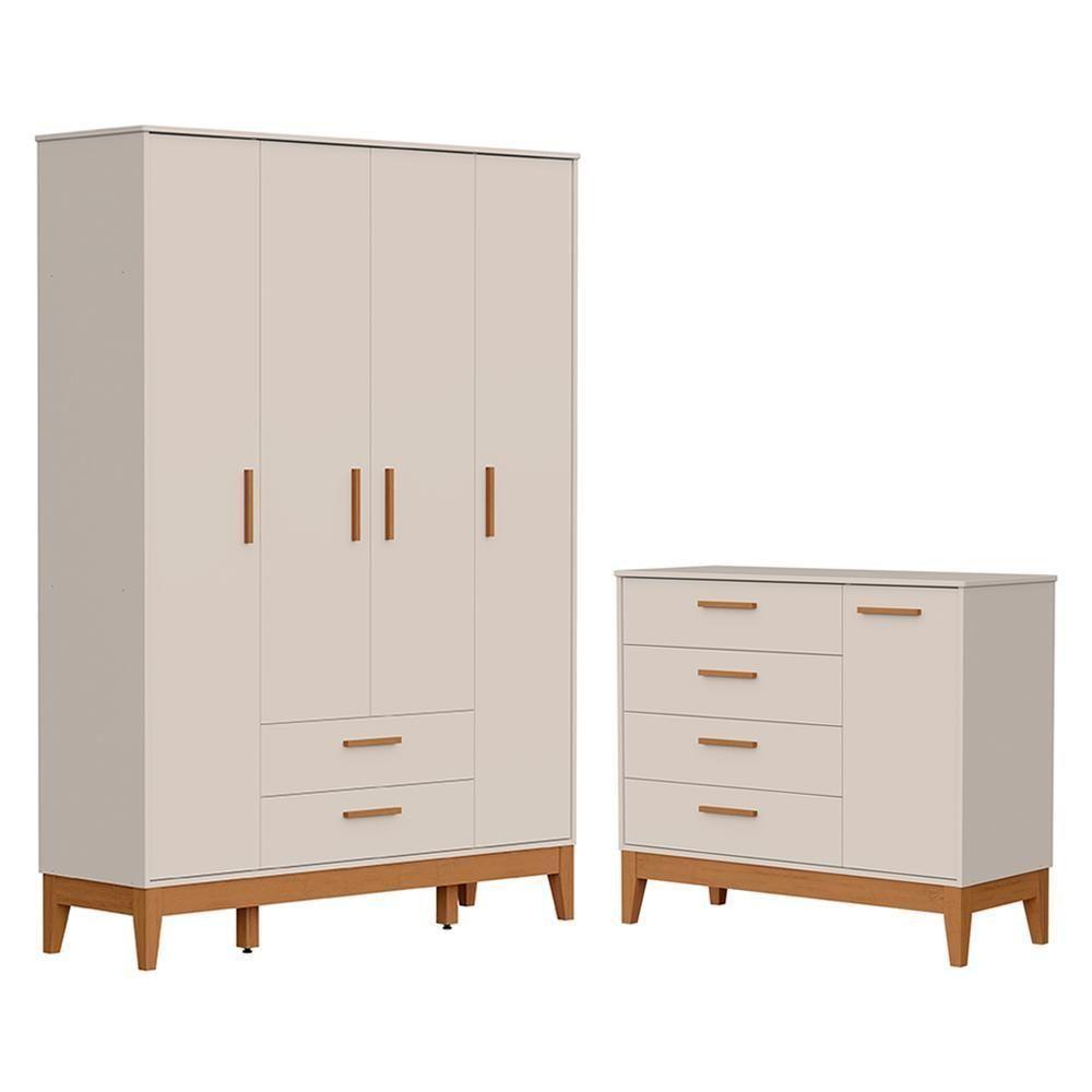 Jogo De Quarto Infantil Flip Guarda Roupa 4 Portas E Cômoda 1 Porta Areia Fosco - Reller Móveis Areia Fosco - 1