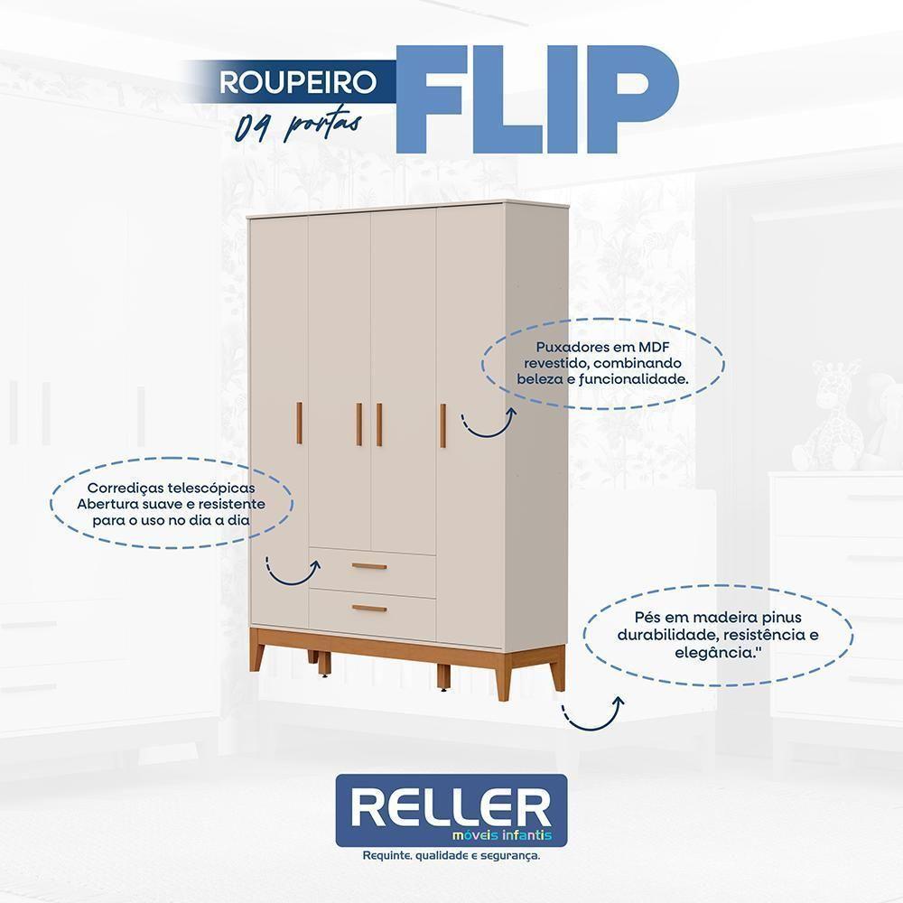 Jogo De Quarto Infantil Flip Guarda Roupa 4 Portas E Cômoda 1 Porta Areia Fosco - Reller Móveis Areia Fosco - 2