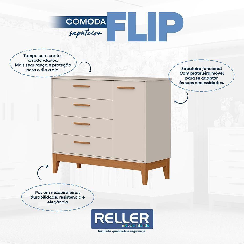 Jogo De Quarto Infantil Flip Guarda Roupa 4 Portas E Cômoda 1 Porta Areia Fosco - Reller Móveis Areia Fosco - 5