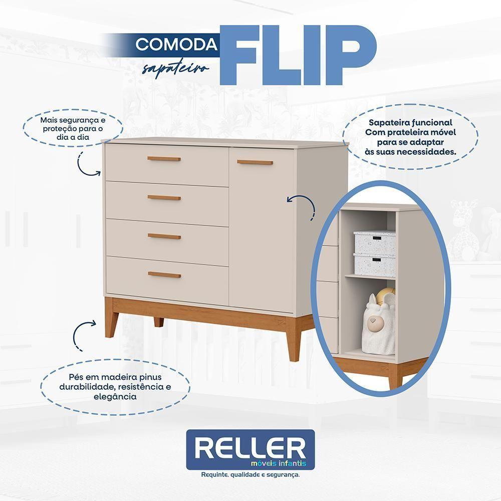 Jogo De Quarto Infantil Flip Guarda Roupa 4 Portas E Cômoda 1 Porta Areia Fosco - Reller Móveis Areia Fosco - 6
