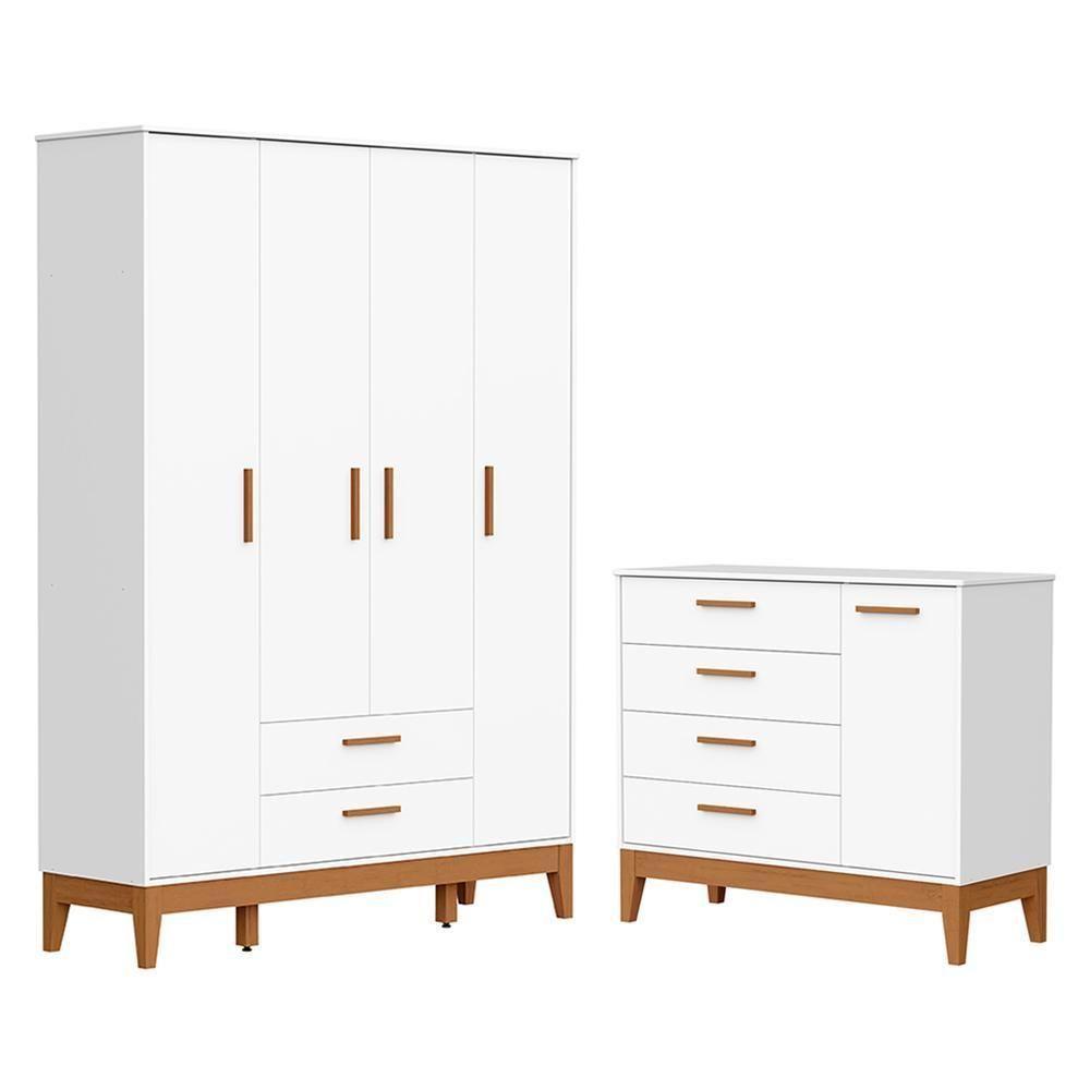 Jogo De Quarto Infantil Flip Guarda Roupa 4 Portas E Cômoda 1 Porta Branco Fosco - Reller Móveis Branco Fosco - 1
