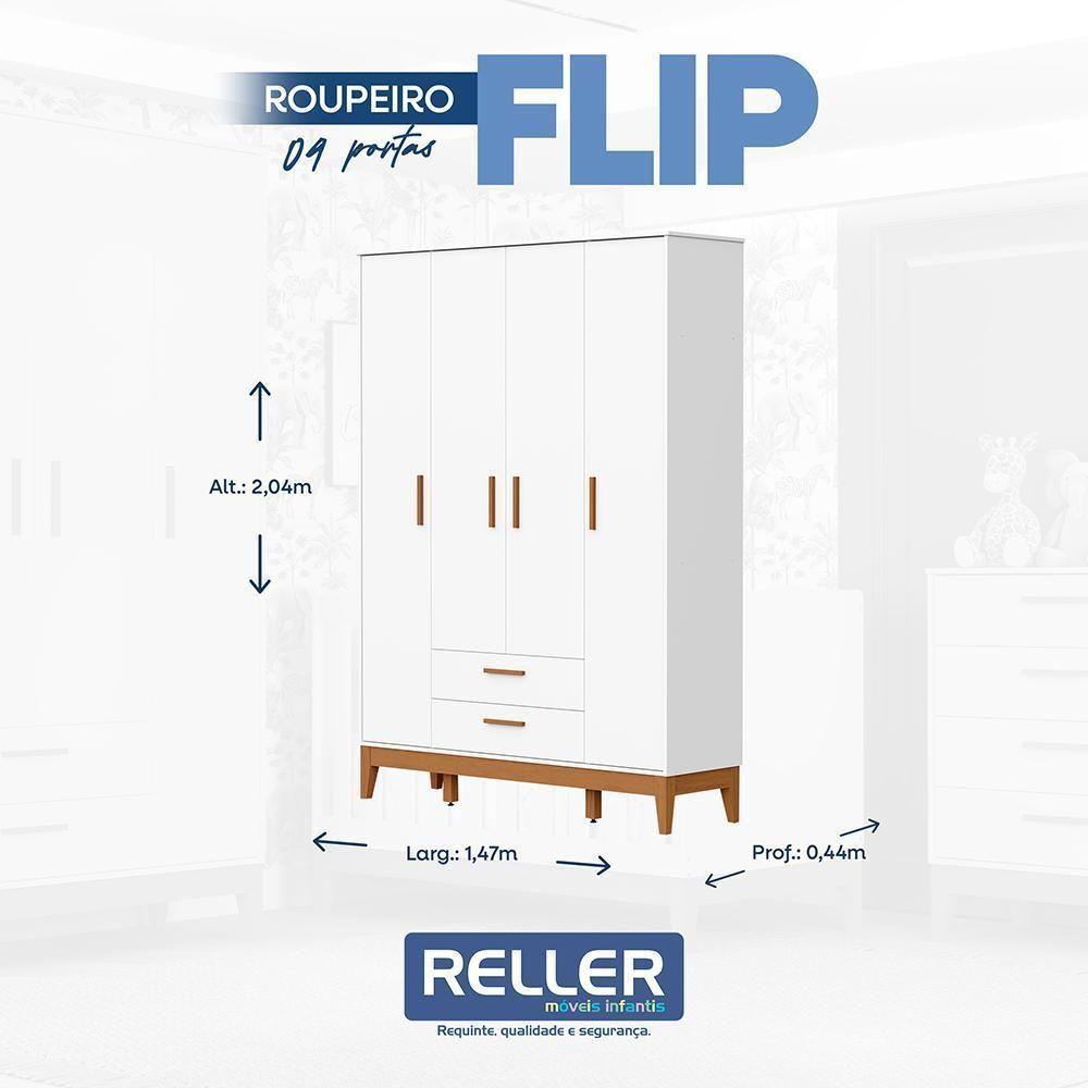 Jogo De Quarto Infantil Flip Guarda Roupa 4 Portas E Cômoda 1 Porta Branco Fosco - Reller Móveis Branco Fosco - 4