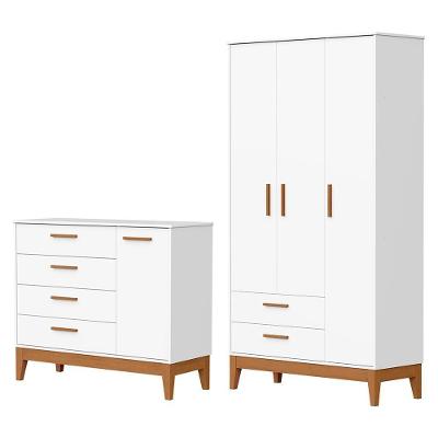 Jogo De Quarto Infantil Flip Guarda Roupa 3 Portas E Cômoda 1 Porta Branco Fosco - Reller Móveis Branco Fosco