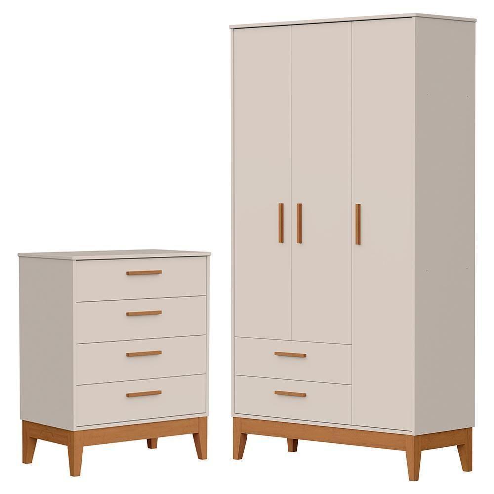 Jogo De Quarto Infantil Flip Guarda Roupa 3 Portas E Cômoda 4 Gavetas Areia Fosco - Reller Móveis Areia Fosco - 1