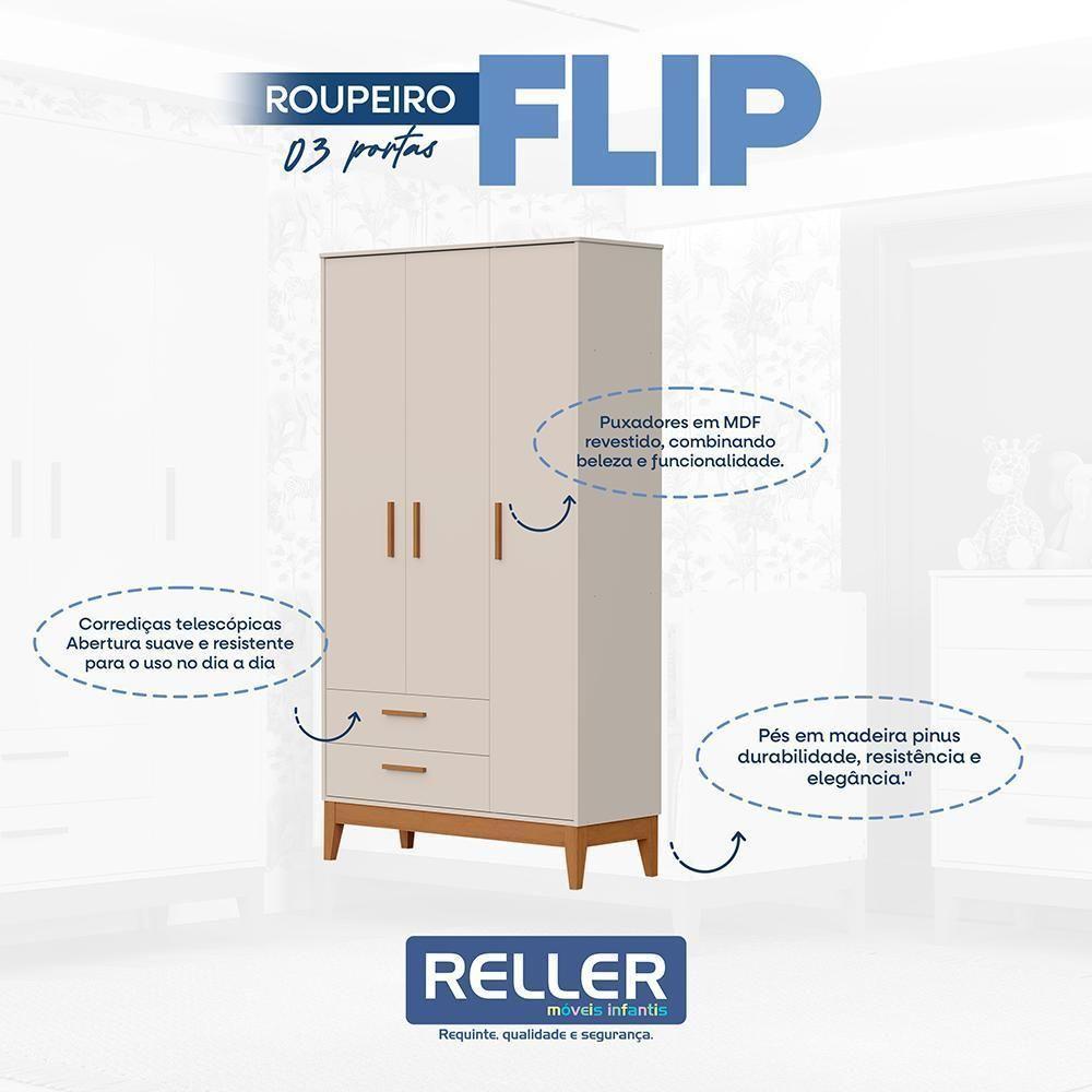 Jogo De Quarto Infantil Flip Guarda Roupa 3 Portas E Cômoda 4 Gavetas Areia Fosco - Reller Móveis Areia Fosco - 2