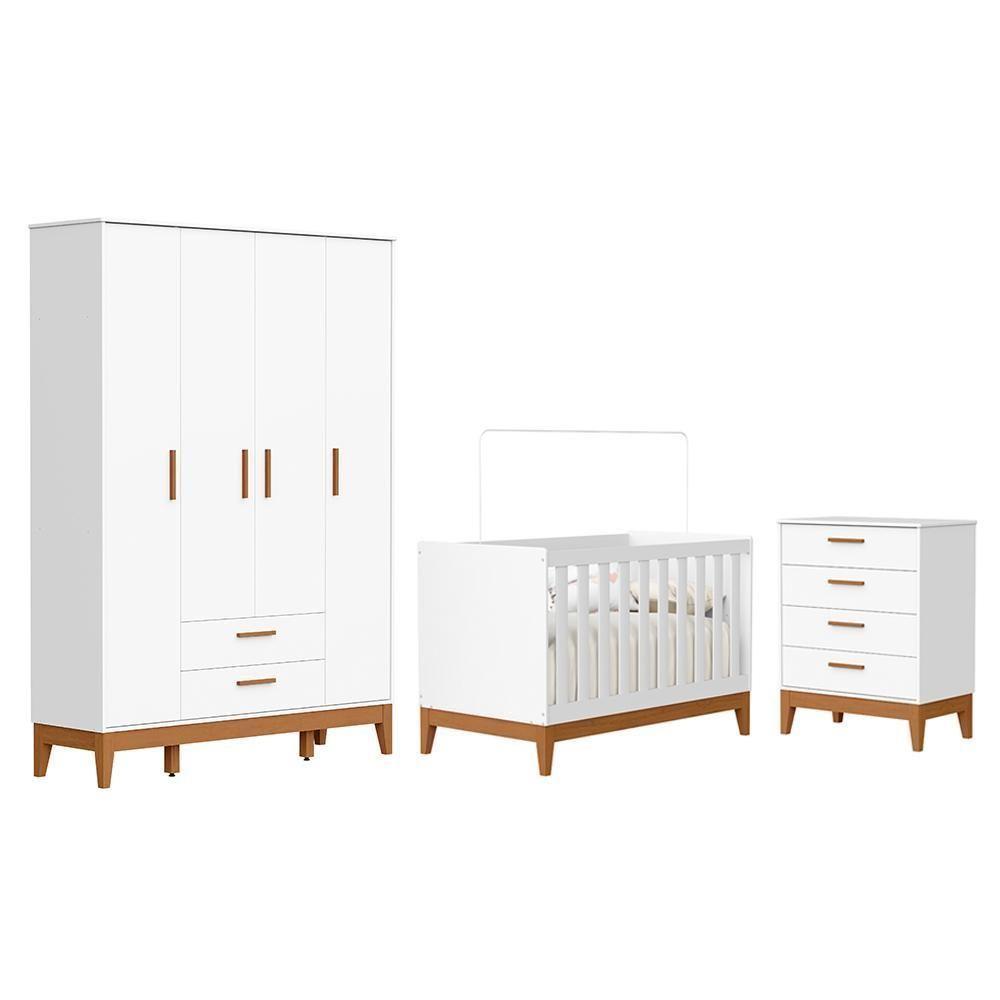 Dormitório Infantil Flip Guarda Roupa 4 Portas, Cômoda 4 Gavetas E Berço Branco Fosco - Reller Móveis Branco Fosco - 1