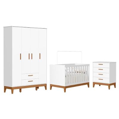 Dormitório Infantil Flip Guarda Roupa 4 Portas, Cômoda 4 Gavetas E Berço Branco Fosco - Reller Móveis Branco Fosco
