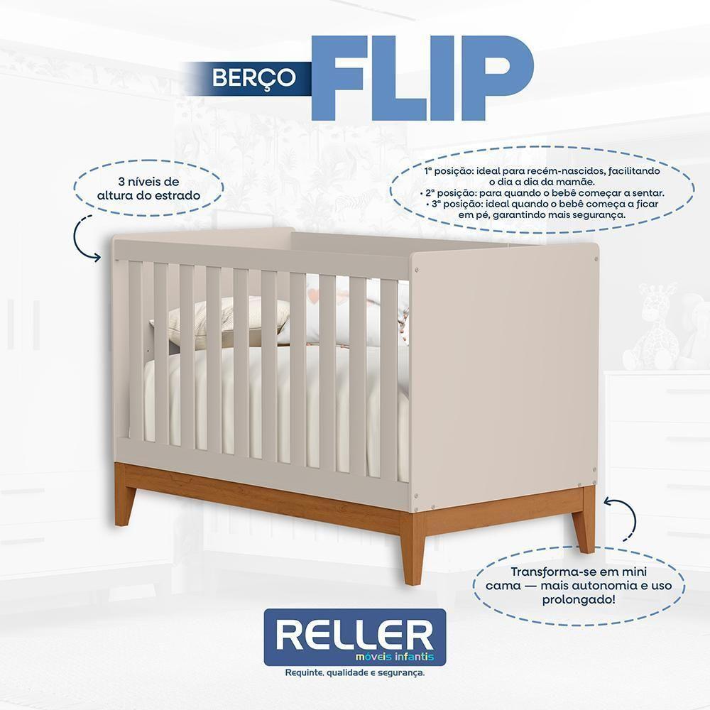 Dormitório Infantil Flip Guarda Roupa 3 Portas, Cômoda 4 Gavetas E Berço Areia Fosco - Reller Móveis Areia Fosco - 5
