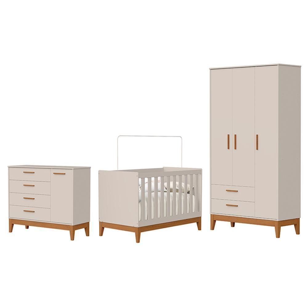 Dormitório Infantil Flip Guarda Roupa 3 Portas, Cômoda 1 Porta E Berço Areia Fosco - Reller Móveis Areia Fosco - 1