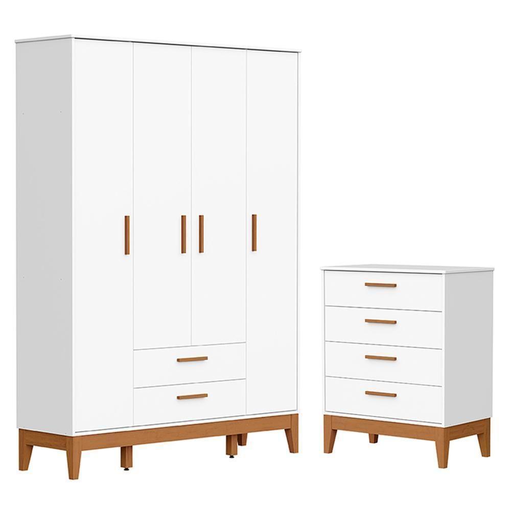 Jogo De Quarto Infantil Flip Guarda Roupa 4 Portas E Cômoda 4 Gavetas Branco Fosco - Reller Móveis Branco Fosco - 1