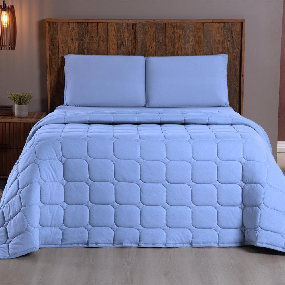 Kit Cobre Leito Colcha Minimal King 3 Peças Malha 100% Algodão - Azul Claro - 1