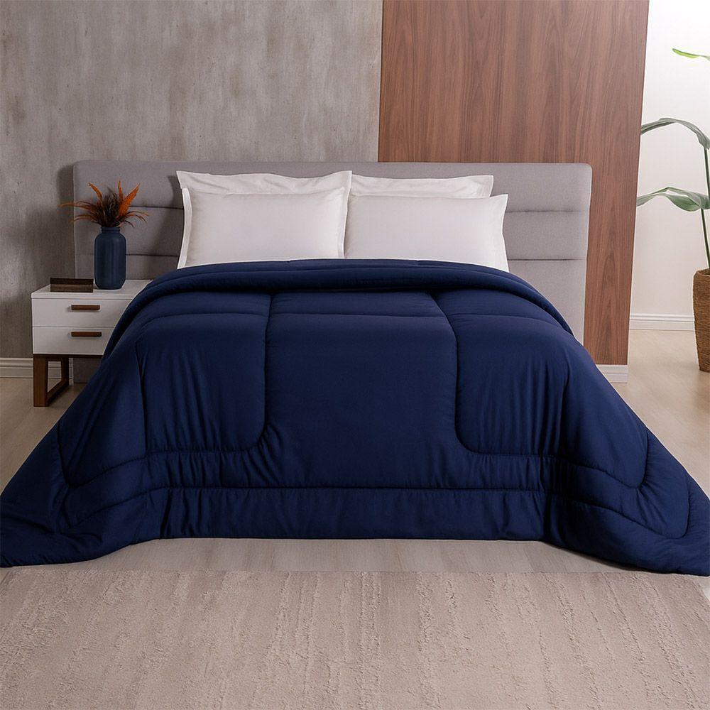 Edredom Bali Liso Queen 01 Peça Micropercal Dupla Face 400 Fios Macio - Azul Marinho - 100% Poliéster - 3