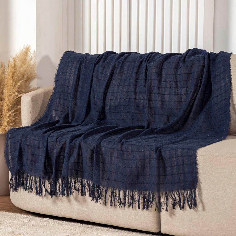 Manta Xale Rubi 1,70m X 1,40m Com Franja Para Sofá Cama 100% Algodão 01 Peça - Azul Marinho - 1