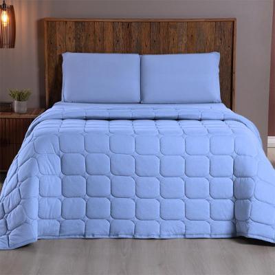 Kit Cobre Leito Colcha Minimal Casal 3 Peças Malha 100% Algodão - Azul Claro