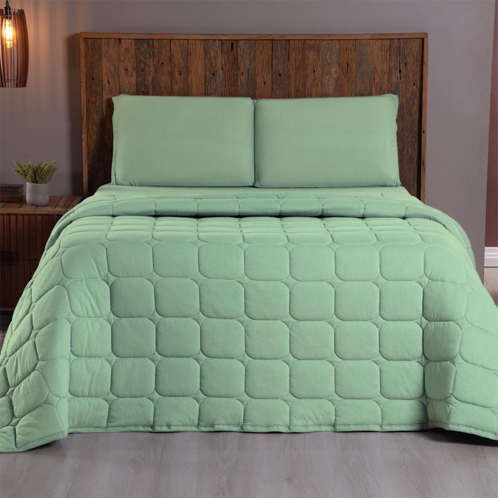 Kit Cobre Leito Colcha Minimal Casal 3 Peças Malha 100% Algodão - Verde - 1