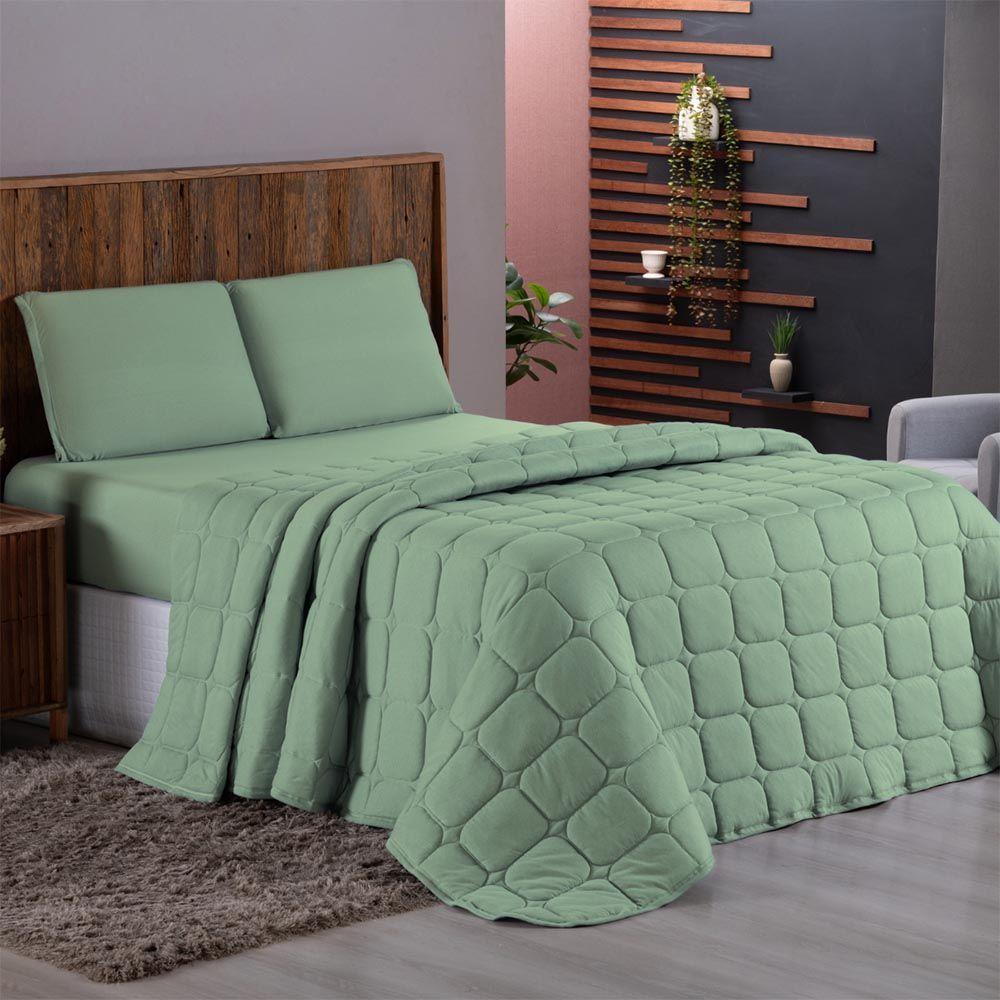 Kit Cobre Leito Colcha Minimal Casal 3 Peças Malha 100% Algodão - Verde - 2