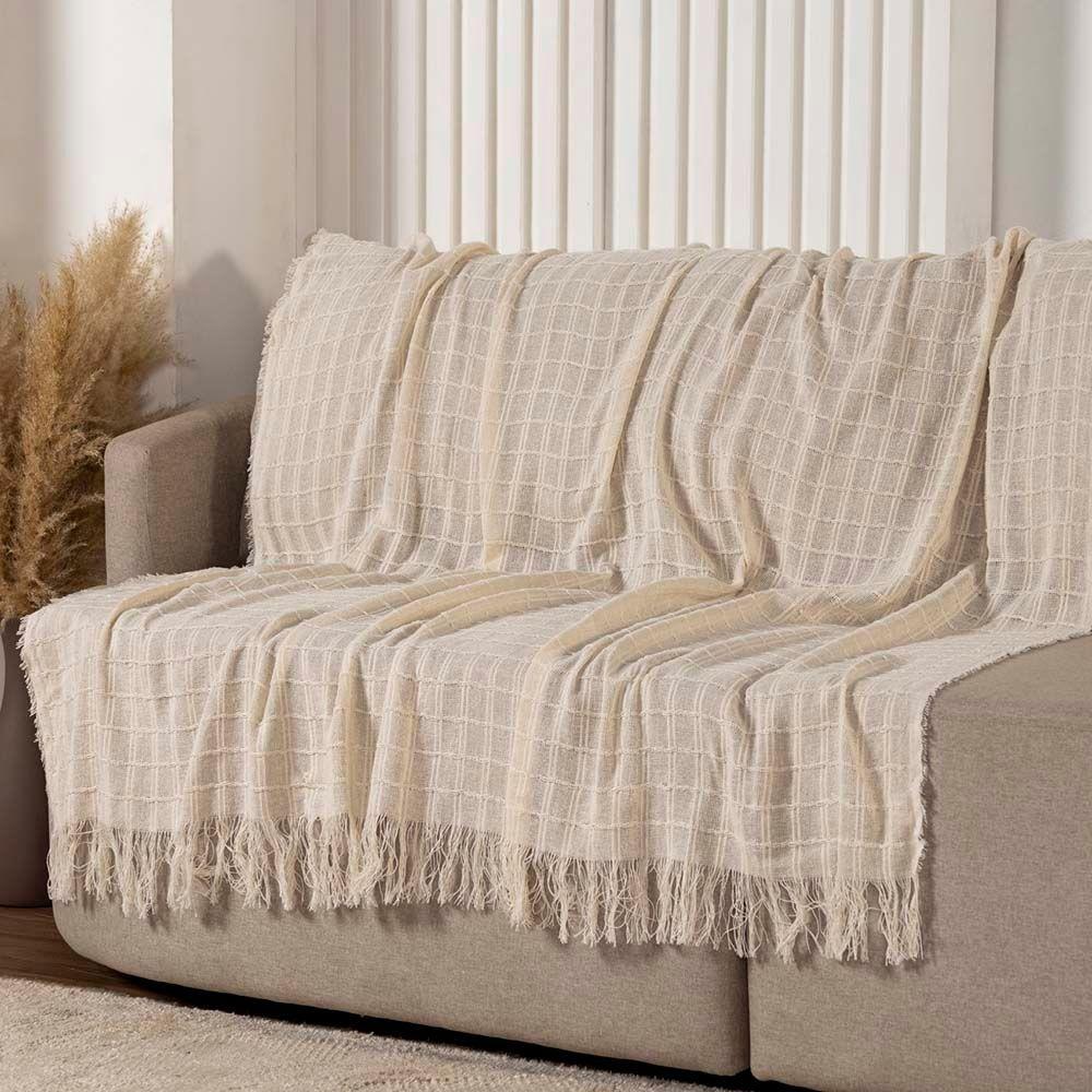 Manta Xale Rubi 2,40m X 1,70m Com Franja Para Sofá Cama 100% Algodão 01 Peça - Marfim - 1