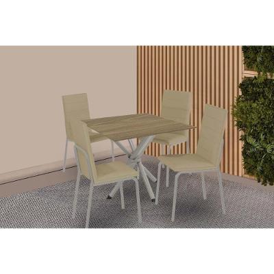 Sala De Jantar Completa Volga C/ Tampo De Madeira 90cm E 4 Cadeiras Amsterdã Niquel - Courano Capuccino - Kappesberg