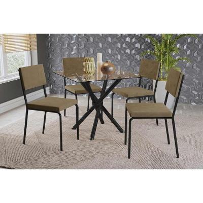 Sala De Jantar Completa Volga C/ Tampo De Vidro 90cm E 4 Cadeiras Zaria Preto - Suede Bege - Kappesberg