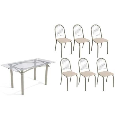 Sala De Jantar Completa Elba C/ Tampo De Vidro 150cm E 6 Cadeiras Noruega Niquel - Courano Bege - Kappesberg