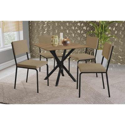 Sala De Jantar Completa Volga C/ Tampo De Madeira 90cm E 4 Cadeiras Zaria Preto/nogueira - Boucle Bege - Kappesberg