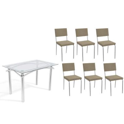 Sala De Jantar Completa Elba C/ Tampo De Vidro 120cm E 6 Cadeiras Zaria Cromada - Boucle Bege - Kappesberg