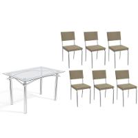 Sala De Jantar Completa Elba C/ Tampo De Vidro 120cm E 6 Cadeiras Zaria Cromada - Boucle Bege - Kappesberg - 1