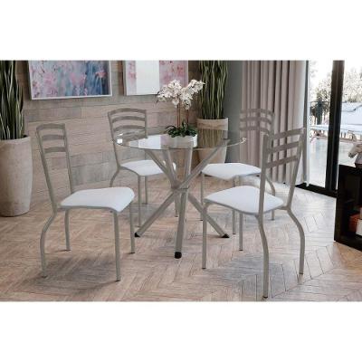 Sala De Jantar Completa Volga C/ Tampo De Vidro 95cm E 4 Cadeiras Portugal Niquel - Courano Branco - Kappesberg