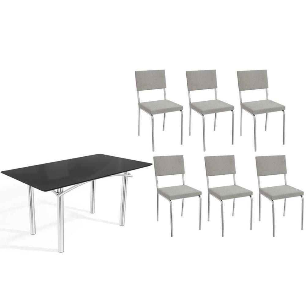 Sala De Jantar Completa Elba Tampo Madeirado C/ Vidro 160cm E 6 Cadeiras Zaria Cromada/preto - Boucle Cinza - Kappesberg - 1