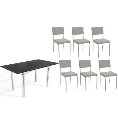 Sala De Jantar Completa Elba Tampo Madeirado C/ Vidro 160cm E 6 Cadeiras Zaria Cromada/preto - Boucle Cinza - Kappesberg