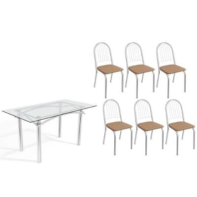 Sala De Jantar Completa Elba C/ Tampo De Vidro 150cm E 6 Cadeiras Noruega Cromada - Courano Capuccino - Kappesberg