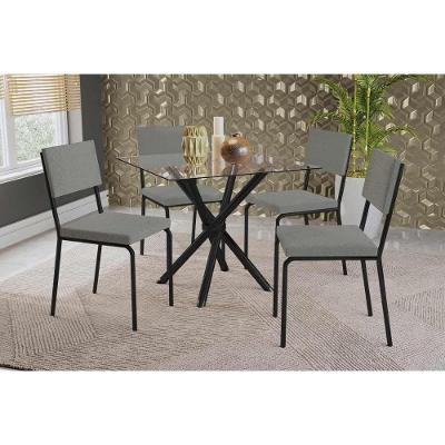 Sala De Jantar Completa Volga C/ Tampo De Vidro 90cm E 4 Cadeiras Zaria Preto - Boucle Cinza - Kappesberg