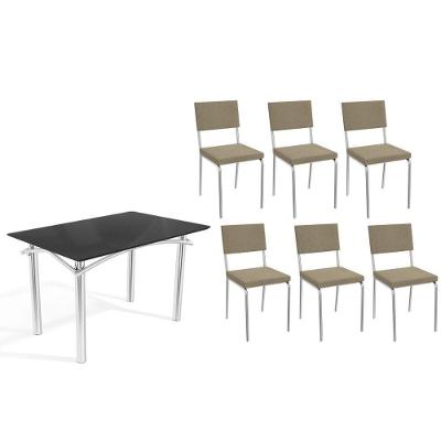 Sala De Jantar Completa Elba Tampo Madeirado C/ Vidro 120cm E 6 Cadeiras Zaria Cromada/preto - Boucle Bege - Kappesberg