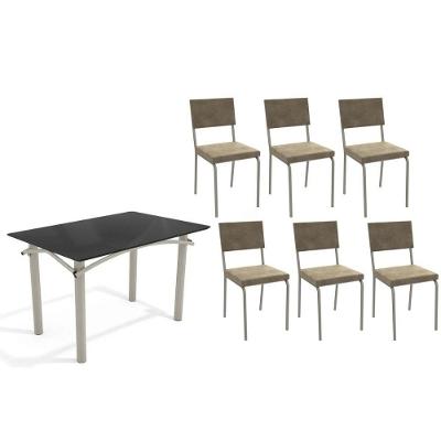 Sala De Jantar Completa Elba Tampo Madeirado C/ Vidro 120cm E 6 Cadeiras Zaria Niquel/preto - Suede Bege - Kappesberg