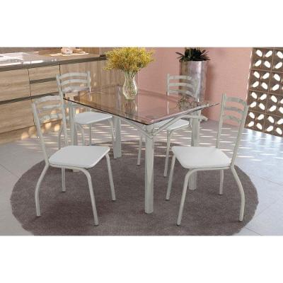 Sala De Jantar Completa Elba C/ Tampo De Vidro 120cm E 4 Cadeiras Portugal Niquel - Courano Branco - Kappesberg