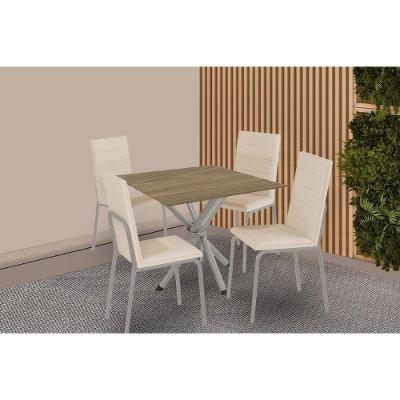 Sala De Jantar Completa Volga C/ Tampo De Madeira 90cm E 4 Cadeiras Amsterdã Niquel - Bege - Kappesberg