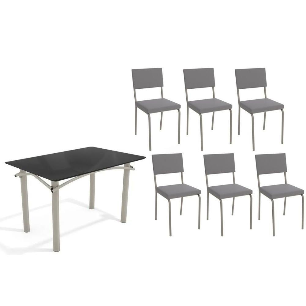 Sala De Jantar Completa Elba Tampo Madeirado C/ Vidro 120cm E 6 Cadeiras Zaria Niquel/preto - Suede Cinza - Kappesberg - 1