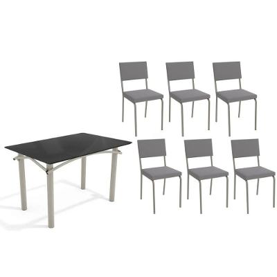 Sala De Jantar Completa Elba Tampo Madeirado C/ Vidro 120cm E 6 Cadeiras Zaria Niquel/preto - Suede Cinza - Kappesberg