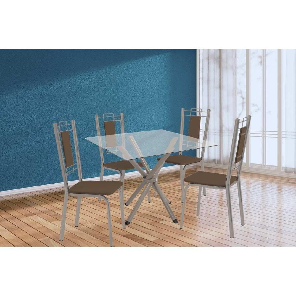 Sala De Jantar Completa Volga C/ Tampo De Vidro 90cm E 4 Cadeiras Florença Niquel - Courano Marrom - Kappesberg - 1