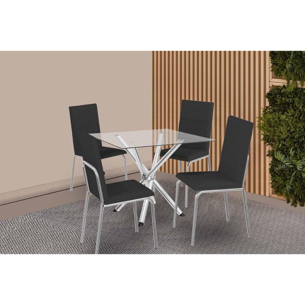Sala De Jantar Completa Volga C/ Tampo De Vidro 90cm E 4 Cadeiras Amsterdã Cromada - Courano Preto - Kappesberg - 1