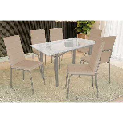 Sala De Jantar Completa Elba C/ Tampo De Vidro 150cm E 6 Cadeiras Amsterdã Niquel - Courano Bege - Kappesberg