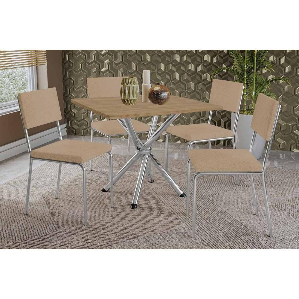 Sala De Jantar Completa Volga C/ Tampo De Madeira 90cm E 4 Cadeiras Zaria Cromada/nogueira - Boucle Bege - Kappesberg - 1