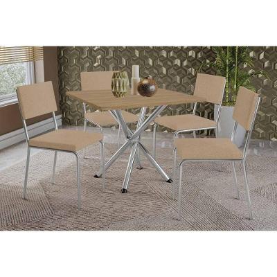 Sala De Jantar Completa Volga C/ Tampo De Madeira 90cm E 4 Cadeiras Zaria Cromada/nogueira - Boucle Bege - Kappesberg
