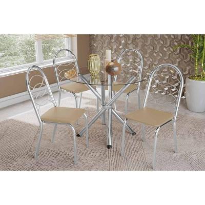 Sala De Jantar Completa Volga C/ Tampo De Vidro 95cm E 4 Cadeiras Holanda Cromada - Courano Bege - Kappesberg
