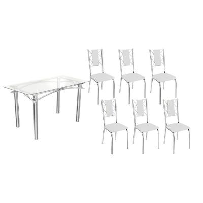 Sala De Jantar Completa Elba C/ Tampo De Vidro 150cm E 6 Cadeiras Lisboa Cromada - Courano Branco - Kappesberg