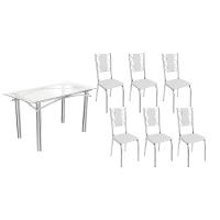 Sala De Jantar Completa Elba C/ Tampo De Vidro 150cm E 6 Cadeiras Lisboa Cromada - Courano Branco - Kappesberg - 1