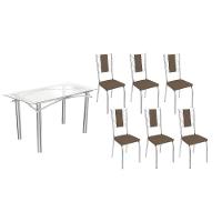 Sala De Jantar Completa Elba C/ Tampo De Vidro 150cm E 6 Cadeiras Lisboa Cromada - Courano Marrom - Kappesberg - 1