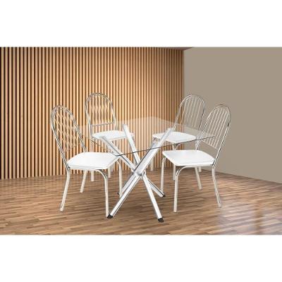 Sala De Jantar Completa Volga C/ Tampo De Vidro 90cm E 4 Cadeiras Noruega Cromada - Courano Branco - Kappesberg