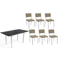 Sala De Jantar Completa Elba Tampo Madeirado C/ Vidro 160cm E 6 Cadeiras Zaria Cromada/preto - Boucle Bege - Kappesberg - 1