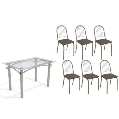 Sala De Jantar Completa Elba C/ Tampo De Vidro 120cm E 6 Cadeiras Noruega Niquel - Courano Marrom - Kappesberg